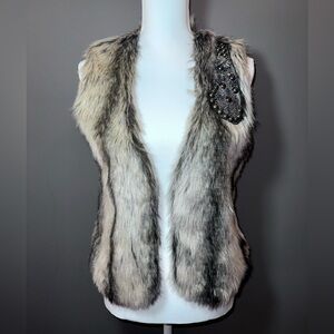 Daytrip Faux Fur Beaded Vest Gray Brown Boho Glam Festival Layering Piece M
